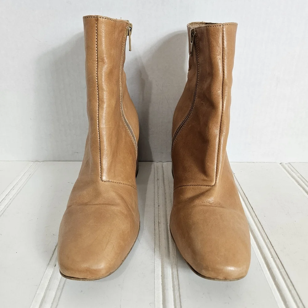 Free People Boots 39 Sienna Leather Square Toe Block Heel Cognac Brown Boho Chic
